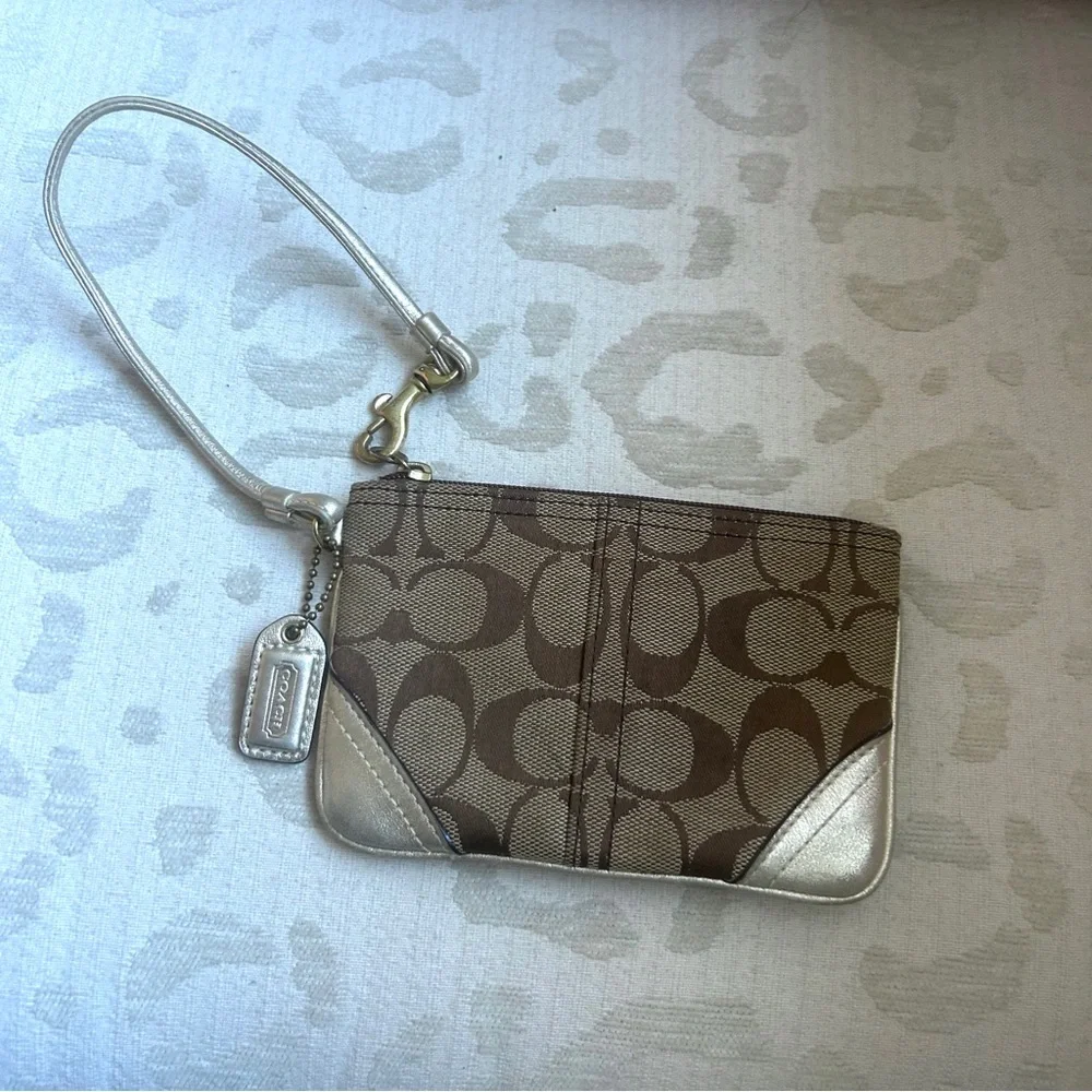 Coach Vintage Tan/Brown Signature Canvas Wristlet with Metallic Gold Trim